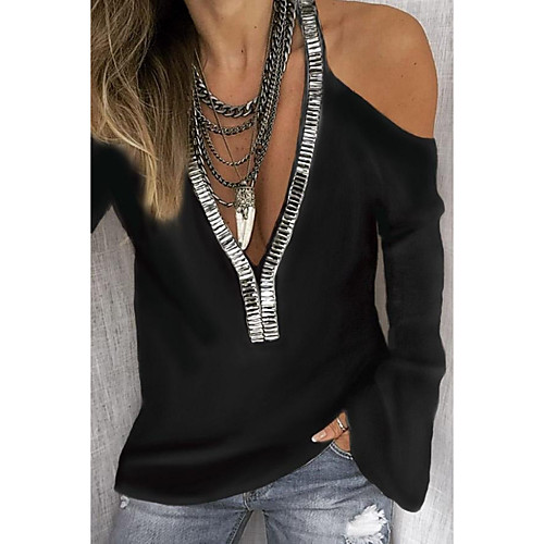 

Women's Blouse Shirt Plain Long Sleeve Patchwork V Neck Streetwear Tops White Black Purple