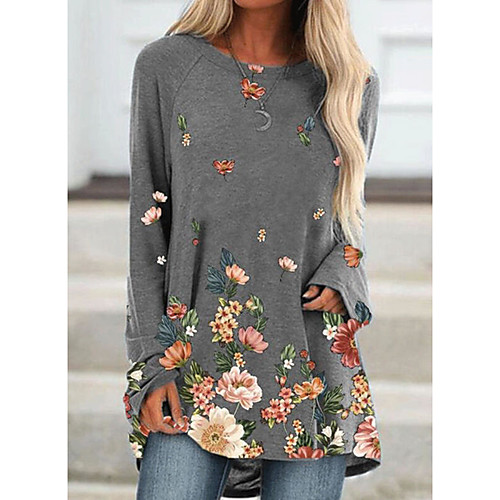 

Women's T Shirt Dress Tee Dress Short Mini Dress Blue Gray Khaki Long Sleeve Floral Patchwork Print Fall Spring Round Neck Casual Loose 2021 S M L XL XXL 3XL 4XL 5XL / Plus Size / Plus Size