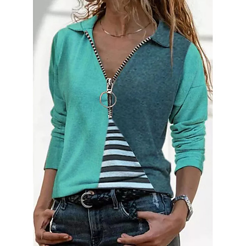 

Women's T shirt Striped Color Block Long Sleeve V Neck Shirt Collar Tops Hawaiian Basic Top Red Yellow Green