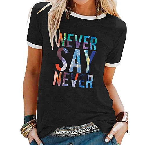 

Women's T shirt Graphic Text Letter Patchwork Print Round Neck Tops Basic Basic Top White Black Blue