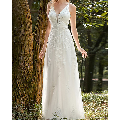 

Sheath / Column Wedding Dresses V Neck Floor Length Lace Tulle Long Sleeve Country Beach with 2021