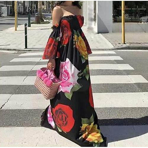 

Women's Swing Dress Maxi long Dress White Black Long Sleeve Floral Print Fall Off Shoulder Casual Loose 2021 S M L XL XXL 3XL