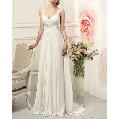 

Sheath / Column Wedding Dresses V Neck Sweep / Brush Train Chiffon Lace Sleeveless Vintage with Appliques 2021