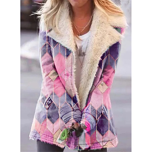 

Women's Teddy Coat Daily Fall & Winter Regular Coat Notch lapel collar Regular Fit Jacket Long Sleeve Geometric Fur Trim Blue Blushing Pink / Plus Size / Print