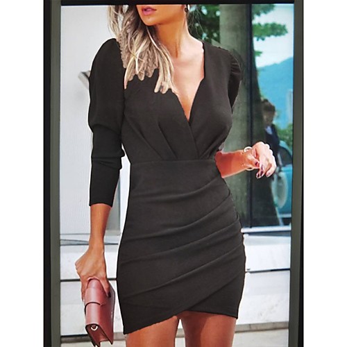 

Women's A Line Dress Short Mini Dress Blushing Pink Wine Black Navy Blue 3/4 Length Sleeve Solid Color Patchwork Fall Winter V Neck Elegant Sexy Going out Slim 2021 S M L XL XXL
