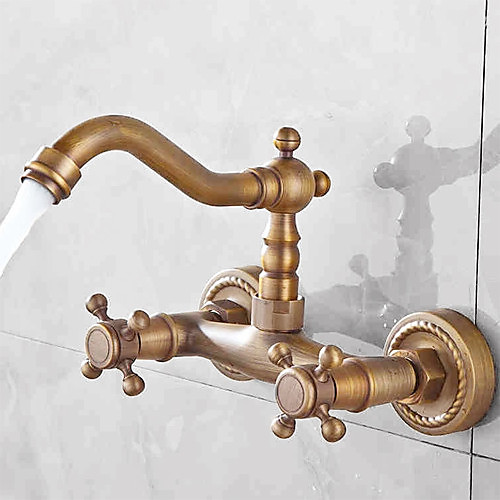 

Art Deco Antique Brass Sprinkle Sink Faucets, Wall Mount Two Handles Two Holes Kitchen Faucet with Hot and Cold Water Switch