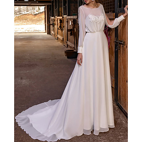 

A-Line Wedding Dresses Jewel Neck Court Train Chiffon Long Sleeve Country with Appliques 2021