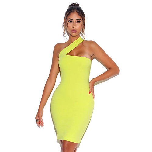 

A-Line Sexy bodycon Party Wear Cocktail Party Dress One Shoulder Sleeveless Knee Length Spandex with Sleek 2021
