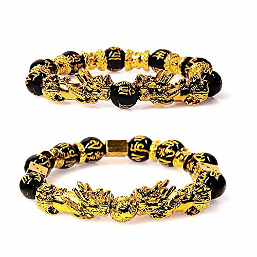 

2 pcs 12mm hand carved mantra stone feng shui black obsidian wealth bracelets for men women
