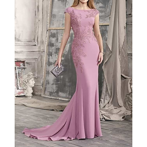 

Mermaid / Trumpet Beautiful Back Sexy Engagement Formal Evening Dress Boat Neck Sleeveless Court Train Lace Stretch Satin with Appliques 2021