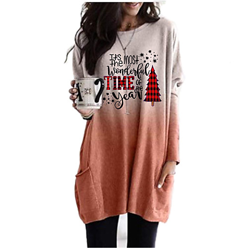 

Women's Christmas T shirt Color Gradient Graphic Letter Long Sleeve Patchwork Print Round Neck Tops Christmas Basic Top Blue Purple Orange
