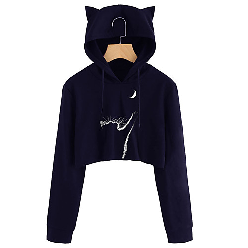 

Women's Hoodie Cropped Hoddie Cat Graphic Crop Top Cat Ear Daily Basic Casual Hoodies Sweatshirts Black Navy Blue