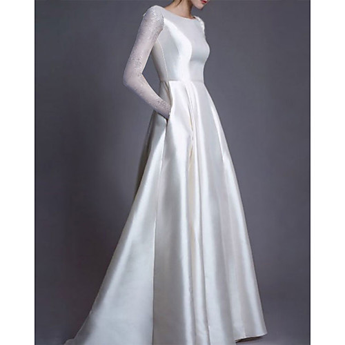 

A-Line Wedding Dresses Jewel Neck Floor Length Lace Charmeuse Long Sleeve Simple Modern with Lace Draping Appliques 2021