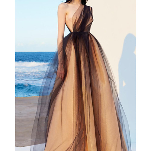 

Ball Gown Minimalist Elegant Engagement Prom Dress One Shoulder Sleeveless Floor Length Tulle with Overskirt 2021