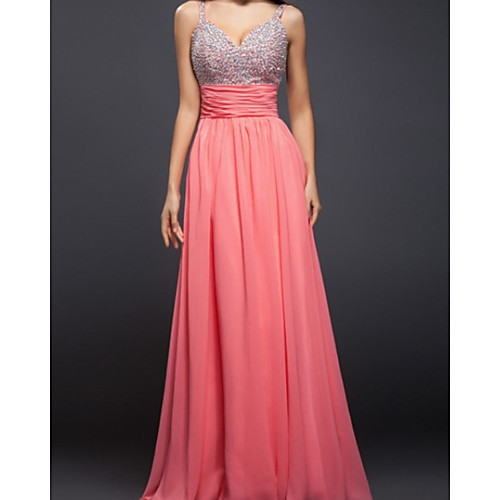 

A-Line Beautiful Back Sexy Engagement Prom Dress V Neck Sleeveless Floor Length Chiffon with Beading 2021
