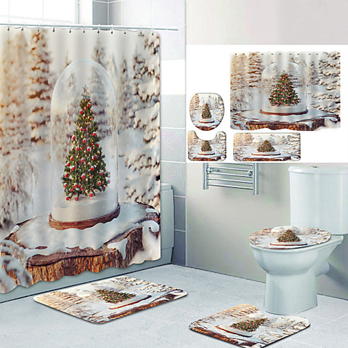 

Christmas Mini Christmas Tree Digital Printing Four-piece Set Shower Curtains and Hooks Modern Polyester Machine Made Waterproof Bathroom