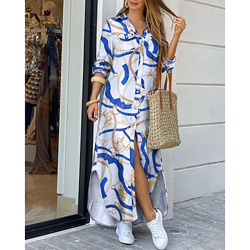 

Women's Shirt Dress Maxi long Dress Blue Yellow Army Green Gray White Black Long Sleeve Print Print Fall Summer Shirt Collar Elegant Casual Slim 2021 S M L XL XXL
