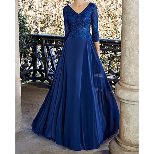 

A-Line Elegant Floral Wedding Guest Formal Evening Dress V Neck Half Sleeve Floor Length Chiffon with Pleats 2021