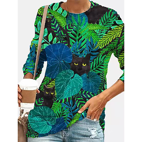 

Women's Tunic Cat Scenery Long Sleeve Print V Neck Tops Green