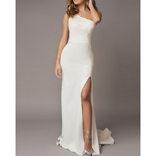 

Sheath / Column Wedding Dresses One Shoulder Sweep / Brush Train Lace Charmeuse Regular Straps with Draping Split Front 2021