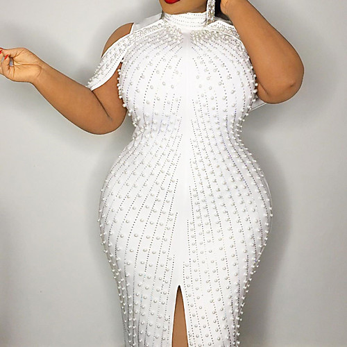 

Women's Plus Size Dress Sheath Dress Knee Length Dress Sleeveless Solid Color Sequins Split Elegant Summer White XL XXL 3XL 4XL 5XL