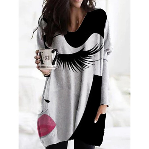 

Women's Shift Dress Knee Length Dress Black Long Sleeve Print Print Fall V Neck Casual Loose 2021 S M L XL XXL 3XL