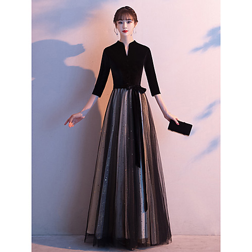 

A-Line Glittering Minimalist Party Wear Formal Evening Dress High Neck Half Sleeve Floor Length Velvet with Sash / Ribbon Sequin 2021