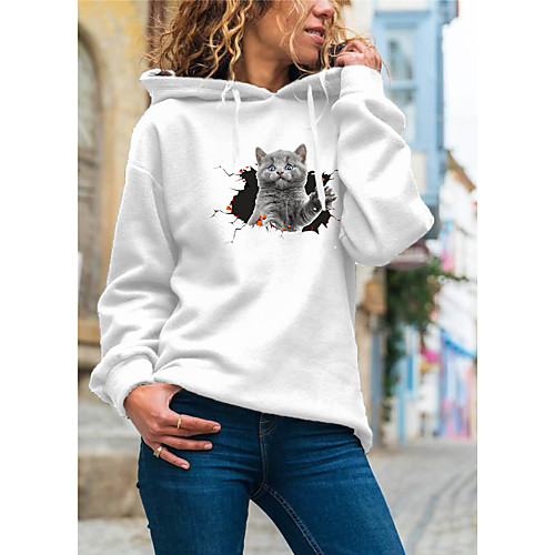 

Women's Hoodie Pullover Cat Graphic 3D Daily Basic Casual Hoodies Sweatshirts White