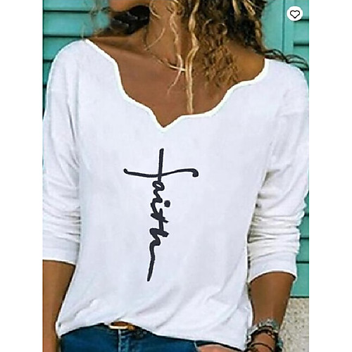 

Women's T shirt Graphic Text Letter Long Sleeve Print V Neck Tops Basic Basic Top White Black