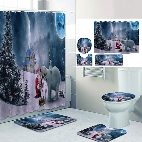 

Christmas Santa White Bear Digital Printing Four-piece Set Shower Curtains and Hooks Modern Polyester Machine Made Waterproof Bathroom