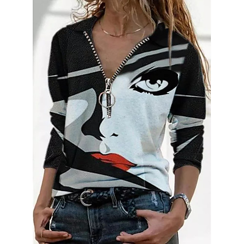 

Women's T shirt Graphic Prints Long Sleeve Quarter Zip Print V Neck Shirt Collar Tops Basic Basic Top Black Wine