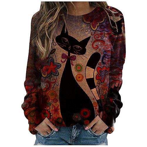 

Women's Tunic Cat Color Block Animal Long Sleeve Print Round Neck Basic Tops Cotton Gray Green Red