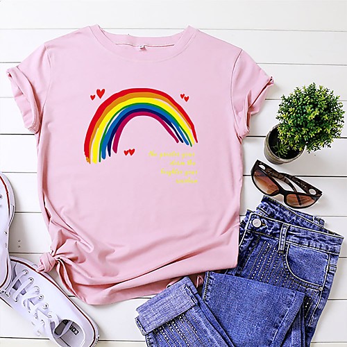

Women's T shirt Rainbow Heart Print Round Neck Tops 100% Cotton Basic Basic Top Black Blue Yellow