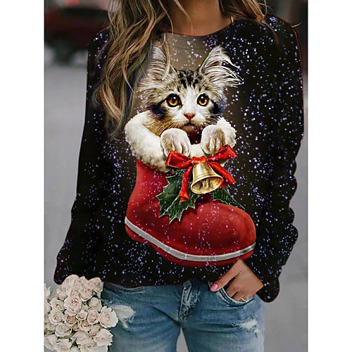 

Women's Hoodie Sweatshirt Cat Graphic Daily Casual Hoodies Sweatshirts Loose Black