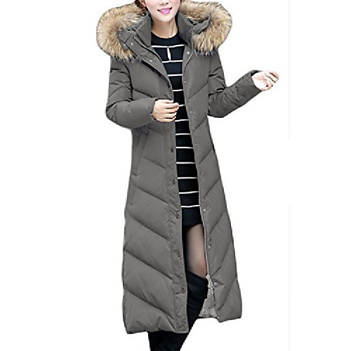 

women's slim warm raccoon fur trim hooded duck down long down coat deep grey