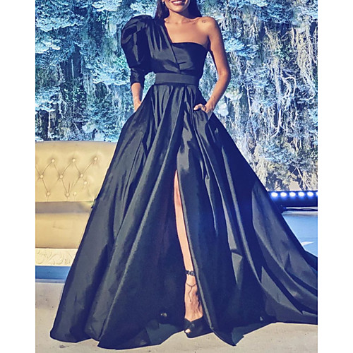 

A-Line Minimalist Sexy Engagement Formal Evening Dress One Shoulder Half Sleeve Court Train Satin with Pleats Split 2021