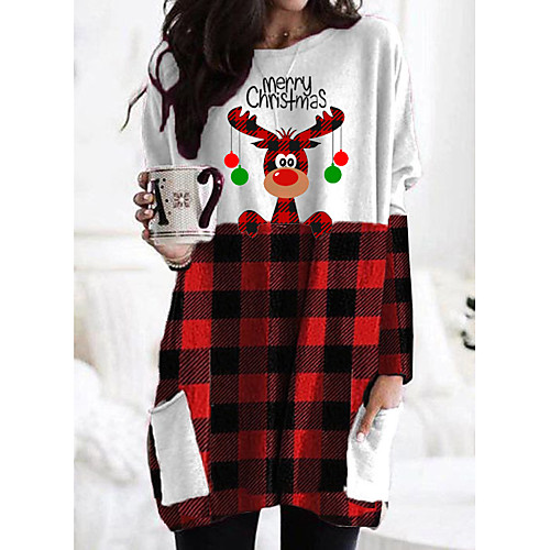 

Women's Christmas T shirt Dress Plaid Graphic Prints Reindeer Long Sleeve Pocket Patchwork Print Round Neck Tops Basic Christmas Basic Top Red