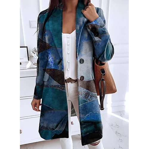 

Women's Coat Daily Fall & Winter Long Coat Loose Basic Jacket Long Sleeve Print Print Blue Yellow