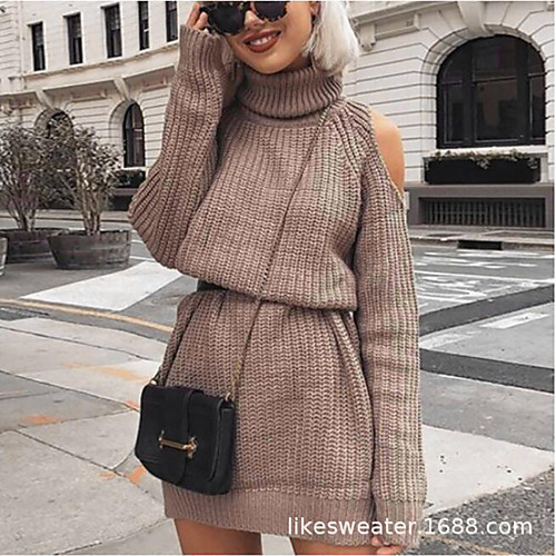 

Women's Sweater Jumper Dress Short Mini Dress Blushing Pink Gray Khaki Black Long Sleeve Solid Color Lace up Fall Winter Turtleneck Casual Loose 2021 S M L XL XXL