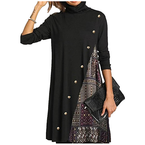

Women's T shirt Dress Plain Long Sleeve Patchwork High Neck Tops Black