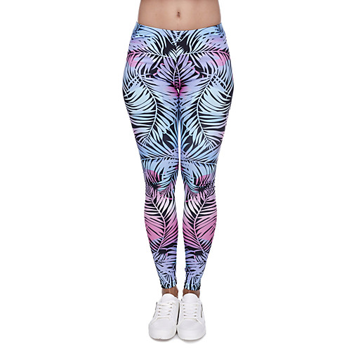

Women's Sporty Comfort Sports Gym Yoga Leggings Pants Plants Patterned Full Length Print Blue