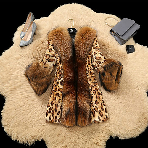 

Women's Faux Fur Coat Daily Fall & Winter Long Coat Regular Fit Jacket Long Sleeve Leopard Yellow