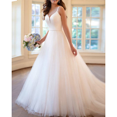 

A-Line Wedding Dresses V Neck Sweep / Brush Train Tulle Charmeuse Spaghetti Strap with Draping Appliques 2021