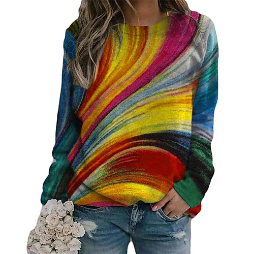 

Women's Tunic Color Gradient Color Block Long Sleeve Print Round Neck Tops Red Yellow
