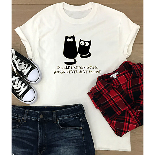 

Women's T shirt Cat Graphic Text Print Round Neck Tops 100% Cotton Basic Basic Top White Black Gray