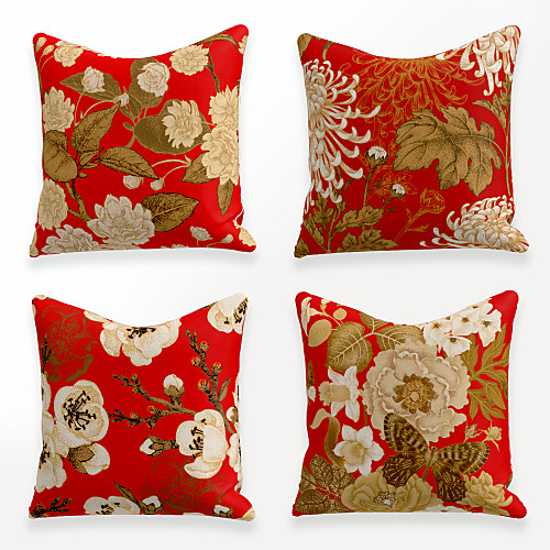 

Cushion Cover 4PCS Faux Linen Soft Decorative Square Throw Pillow Cover Cushion Case Pillowcase for Sofa Bedroom 45 x 45 cm (18 x 18 Inch) Superior Quality Mashine Washable Chinese Style Red