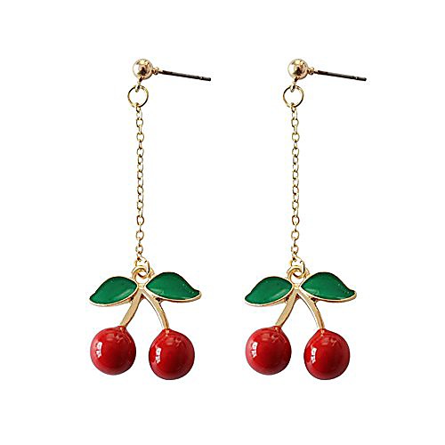 

gold plated green leaf red cherry earrings for women sweety fruit dangle earring for teen girls (drop)