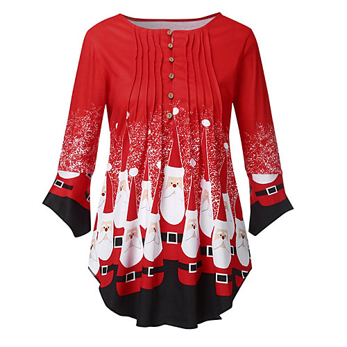 

Women's Christmas Blouse Snowflake Pleated Asymmetric Print Round Neck Christmas Tops Cotton Black Red Gray
