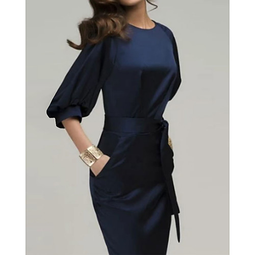 

Sheath / Column Mother of the Bride Dress Elegant Jewel Neck Knee Length Charmeuse Half Sleeve with Sash / Ribbon 2021