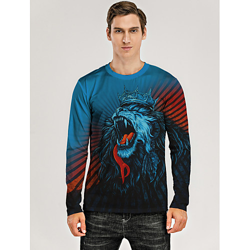 

Men's T shirt Shirt 3D Print Graphic 3D Animal Print Long Sleeve Daily Tops Round Neck Blue